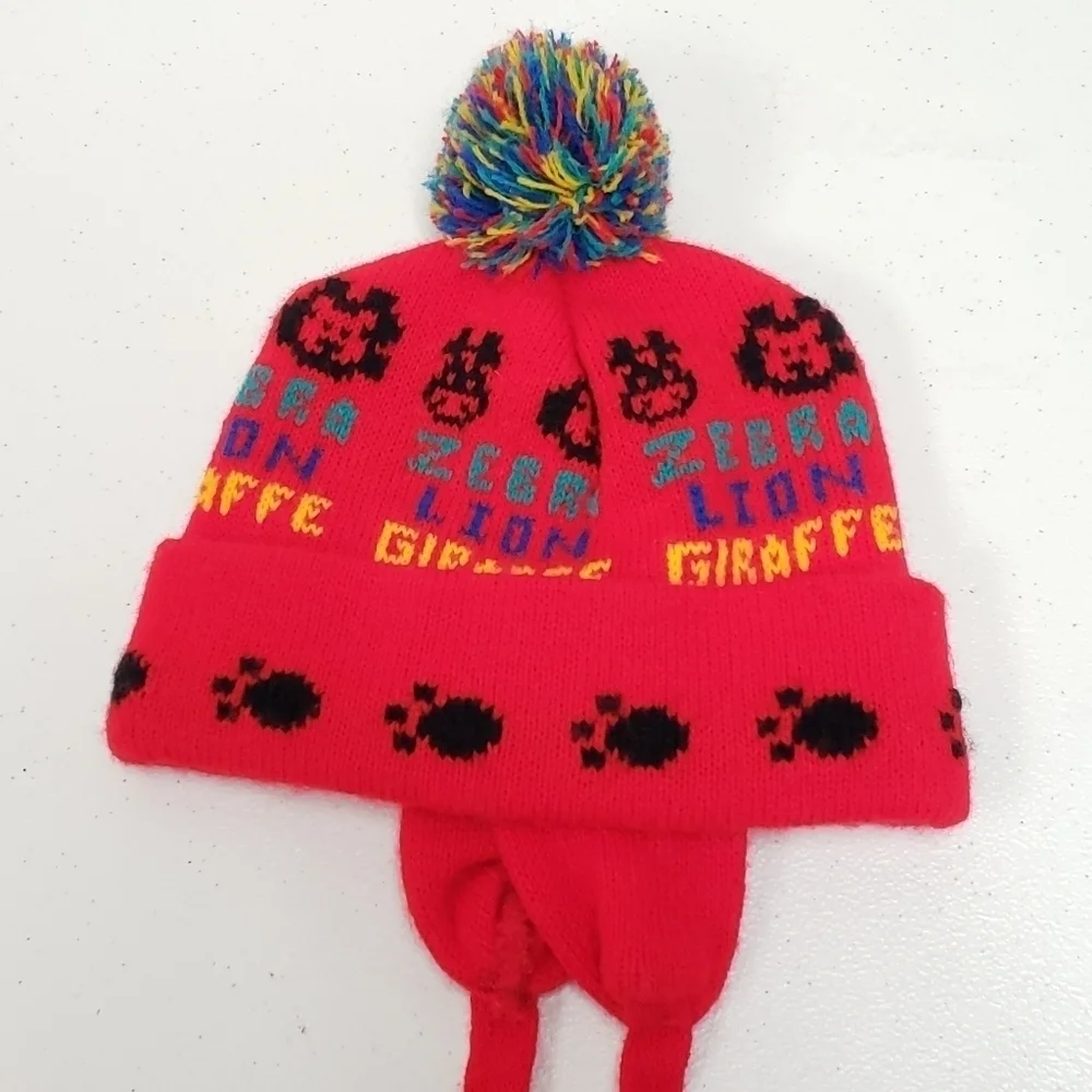 Vintage Carters Red Knit Hat Zebra Lion Giraffe Animals Paw Prints Toddler Baby